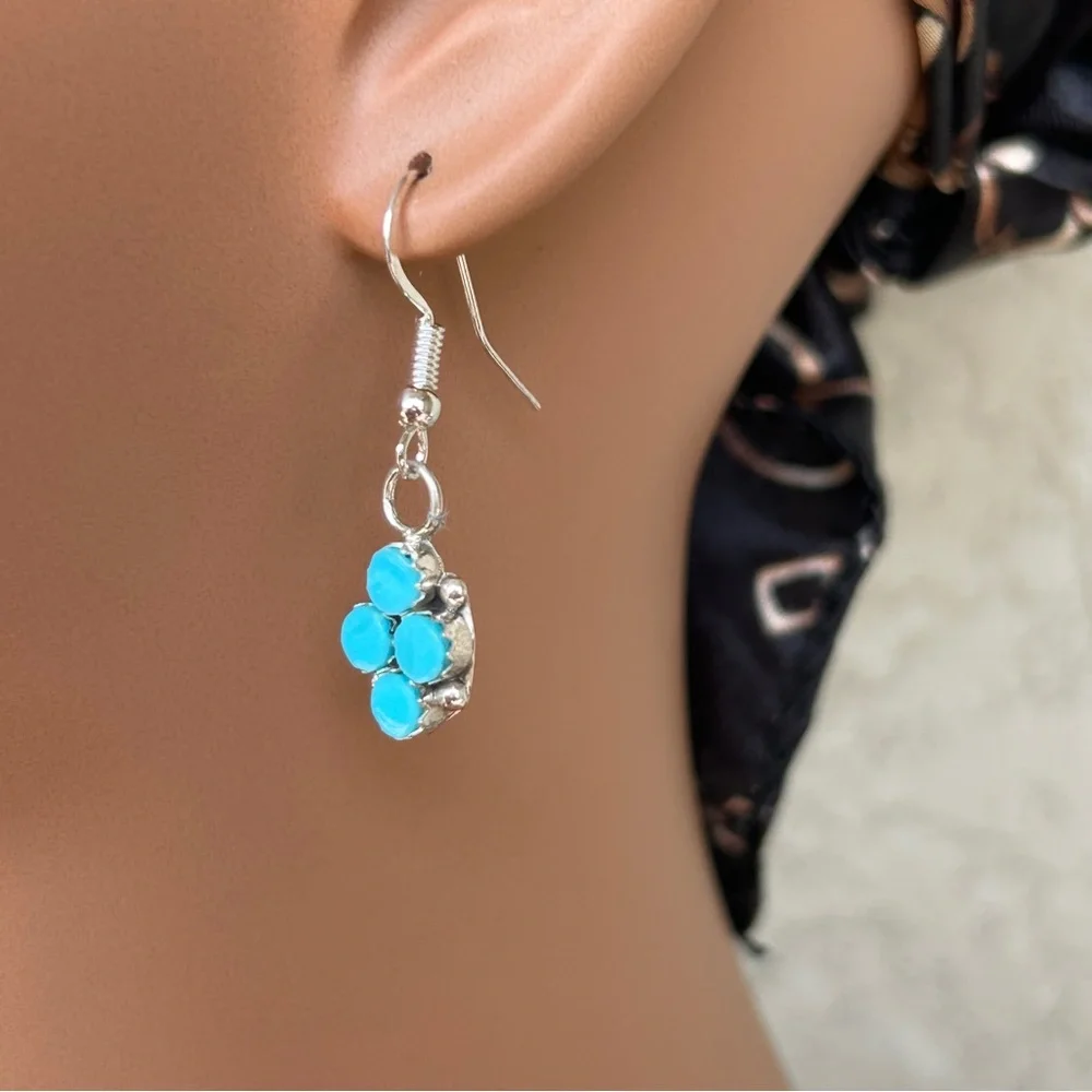 Zuni 925 Sterling Silver Turquoise Dangle Earrings - Picture 2 of 6